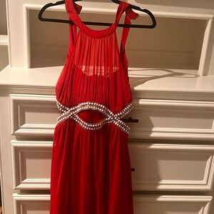 Elegant Red Dress with Pearl Detailing